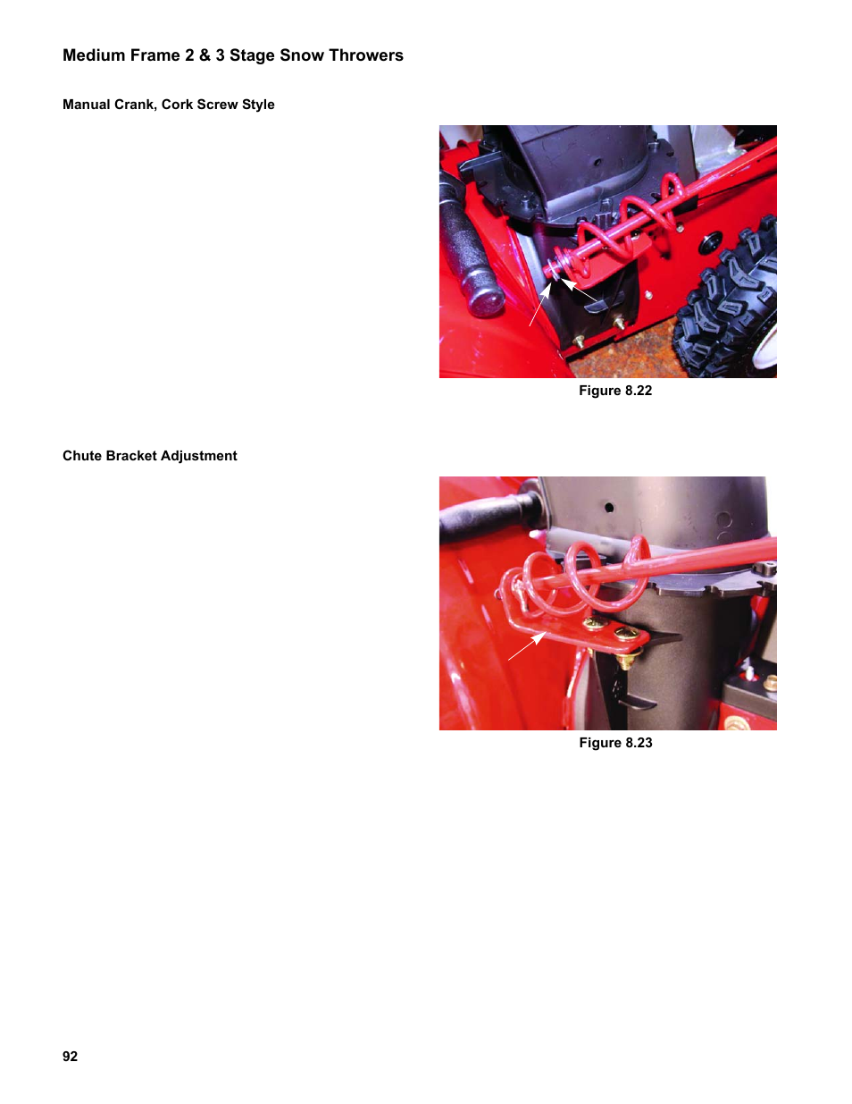 Manual crank, cork screw style, Chute bracket adjustment | Cub Cadet Medium Frame 3 Stage User Manual | Page 96 / 150