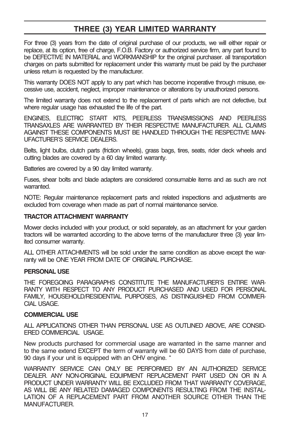 Three (3) year limited war ranty | Cub Cadet ogst3305 User Manual | Page 17 / 19