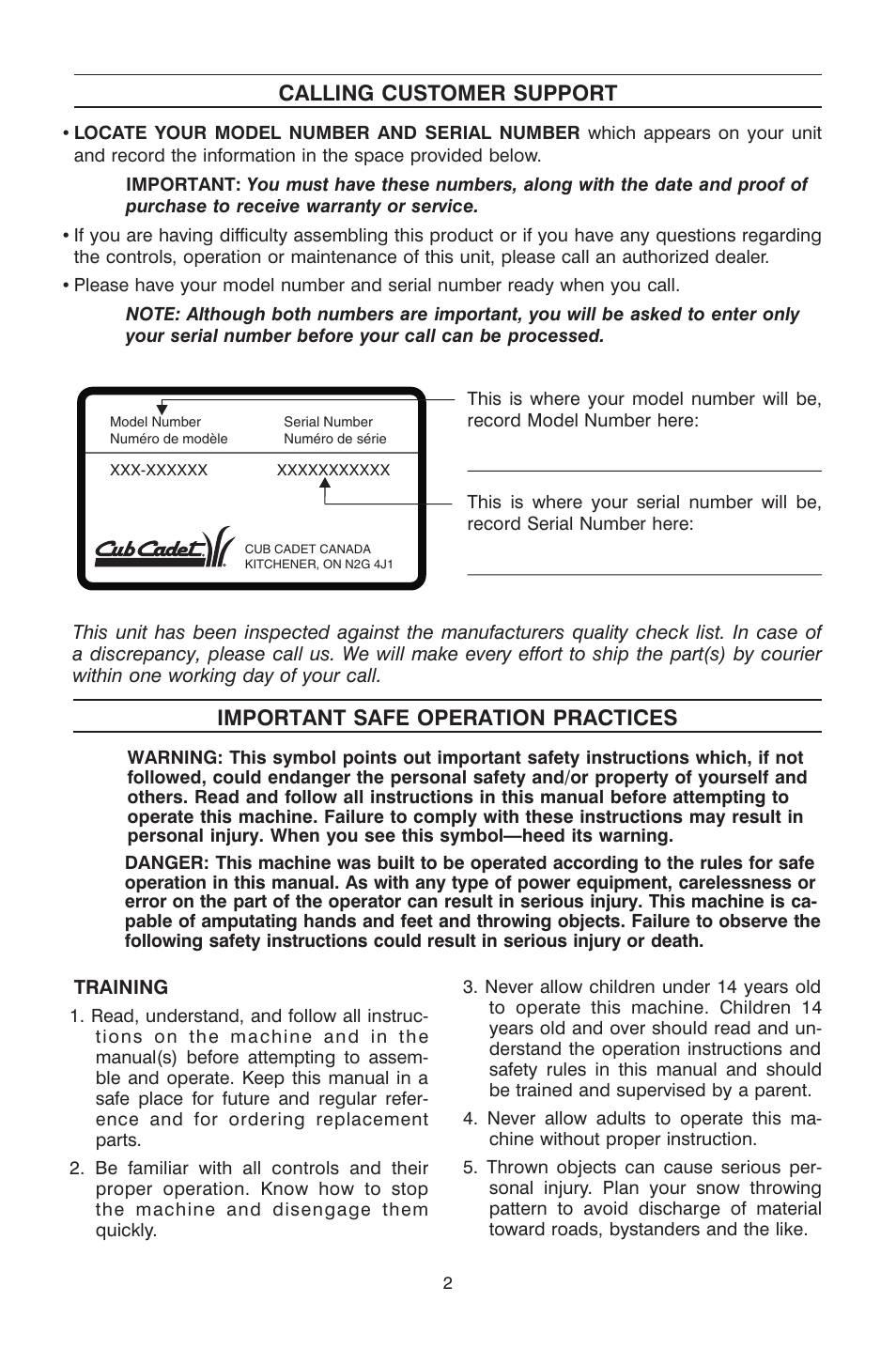 Im por tant safe op er a tion prac tices, Calling cus tomer sup port | Cub Cadet ogst3305 User Manual | Page 2 / 19