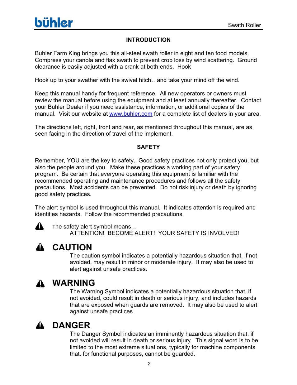 Caution, Warning, Danger | Buhler Swath Roller FK358 User Manual | Page 5 / 20