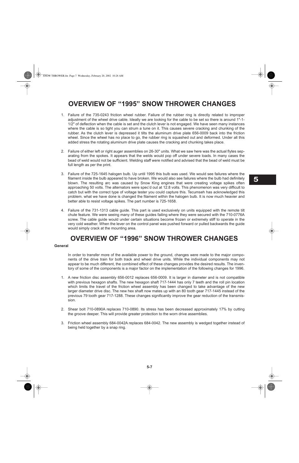 Overview of “1995” snow thrower changes, Overview of “1996” snow thrower changes | Cub Cadet I-Beam Style User Manual | Page 146 / 287