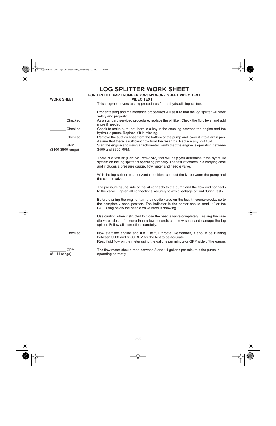 Log splitter work sheet | Cub Cadet I-Beam Style User Manual | Page 234 / 287