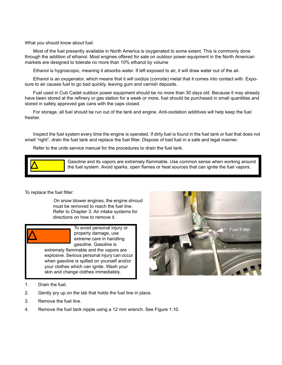 Fuel system, Servicing the fuel system, Fuel filter | Servicing the fuel system fuel filter, Warning | Cub Cadet MTD 70 Series User Manual | Page 17 / 134