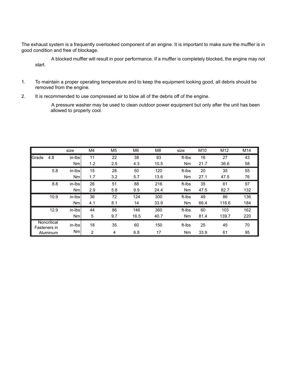 Exhaust system, Cleaning the engine, General torque specifications | Cub Cadet MTD 70 Series User Manual | Page 22 / 134