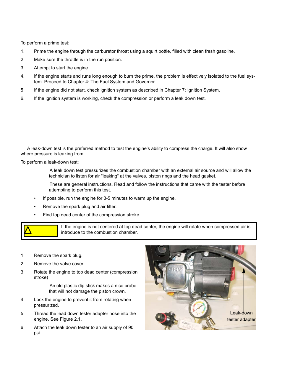 Prime test, Leak-down test, Prime test leak-down test | Cub Cadet MTD 70 Series User Manual | Page 30 / 134