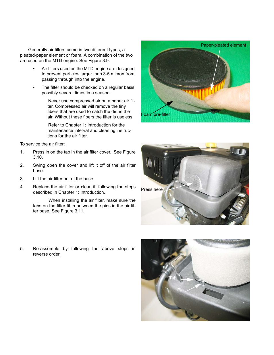 Chore engines, Air filters, Chore engines air filters | Cub Cadet MTD 70 Series User Manual | Page 42 / 134