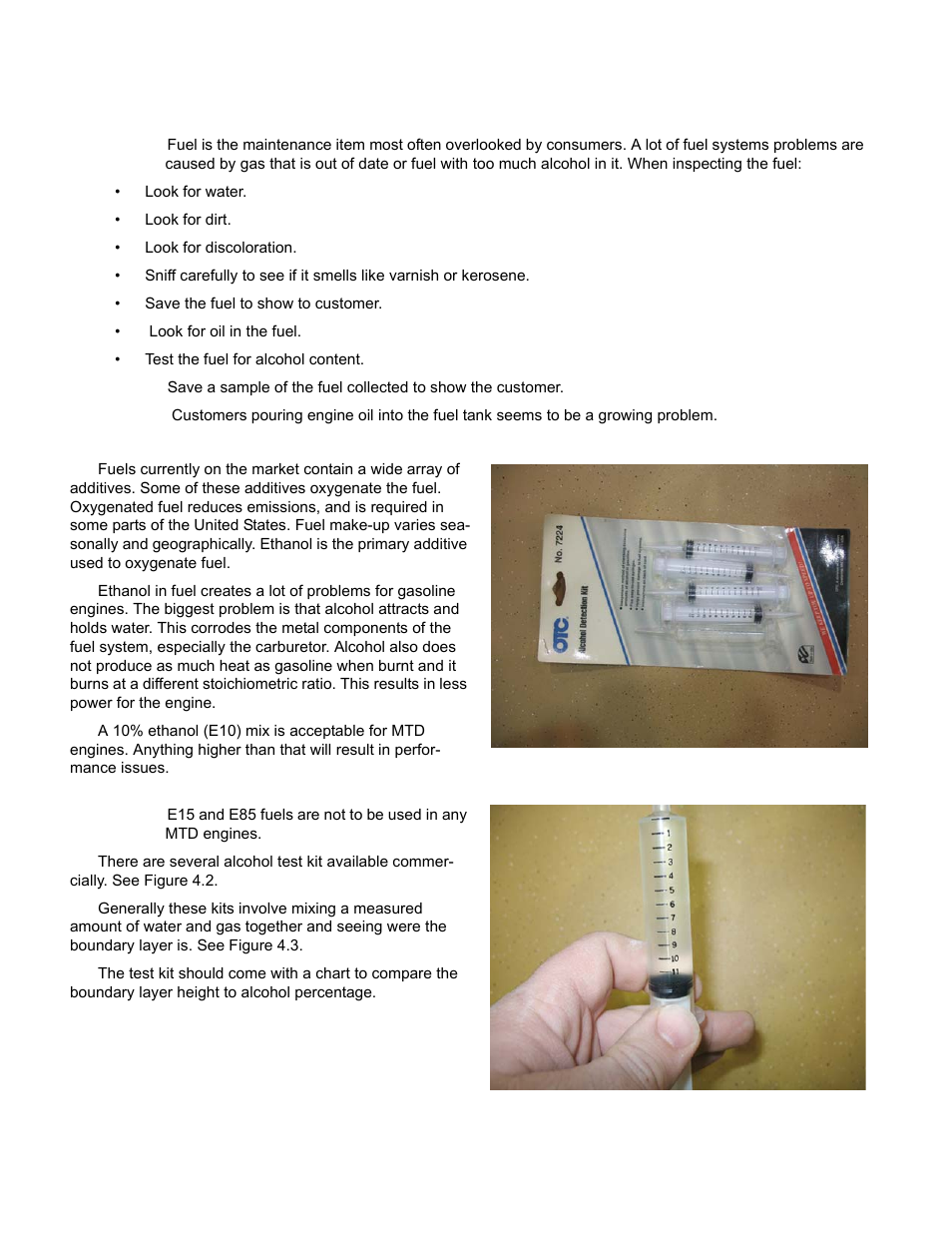 Inspecting the fuel, Test fuel for alcohol | Cub Cadet MTD 70 Series User Manual | Page 48 / 134