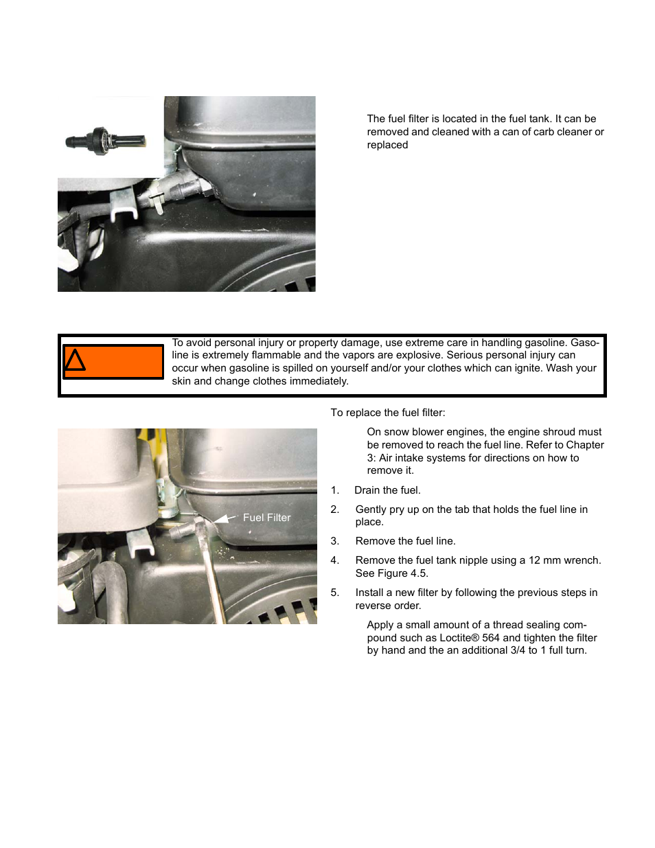 Fuel filter, Warning | Cub Cadet MTD 70 Series User Manual | Page 49 / 134