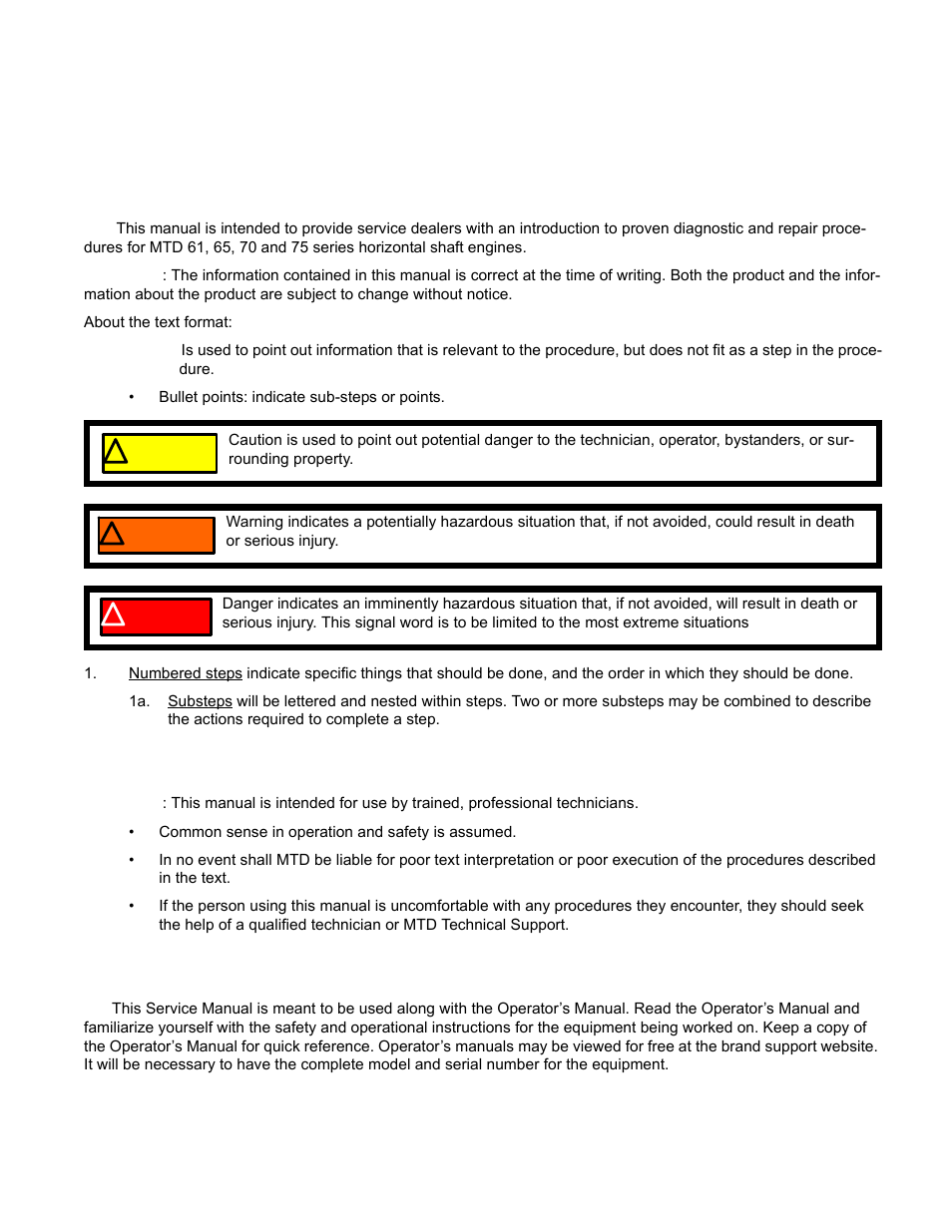 Chapter 1: introduction, Professional service manual intent, Safety | Cub Cadet MTD 70 Series User Manual | Page 7 / 134