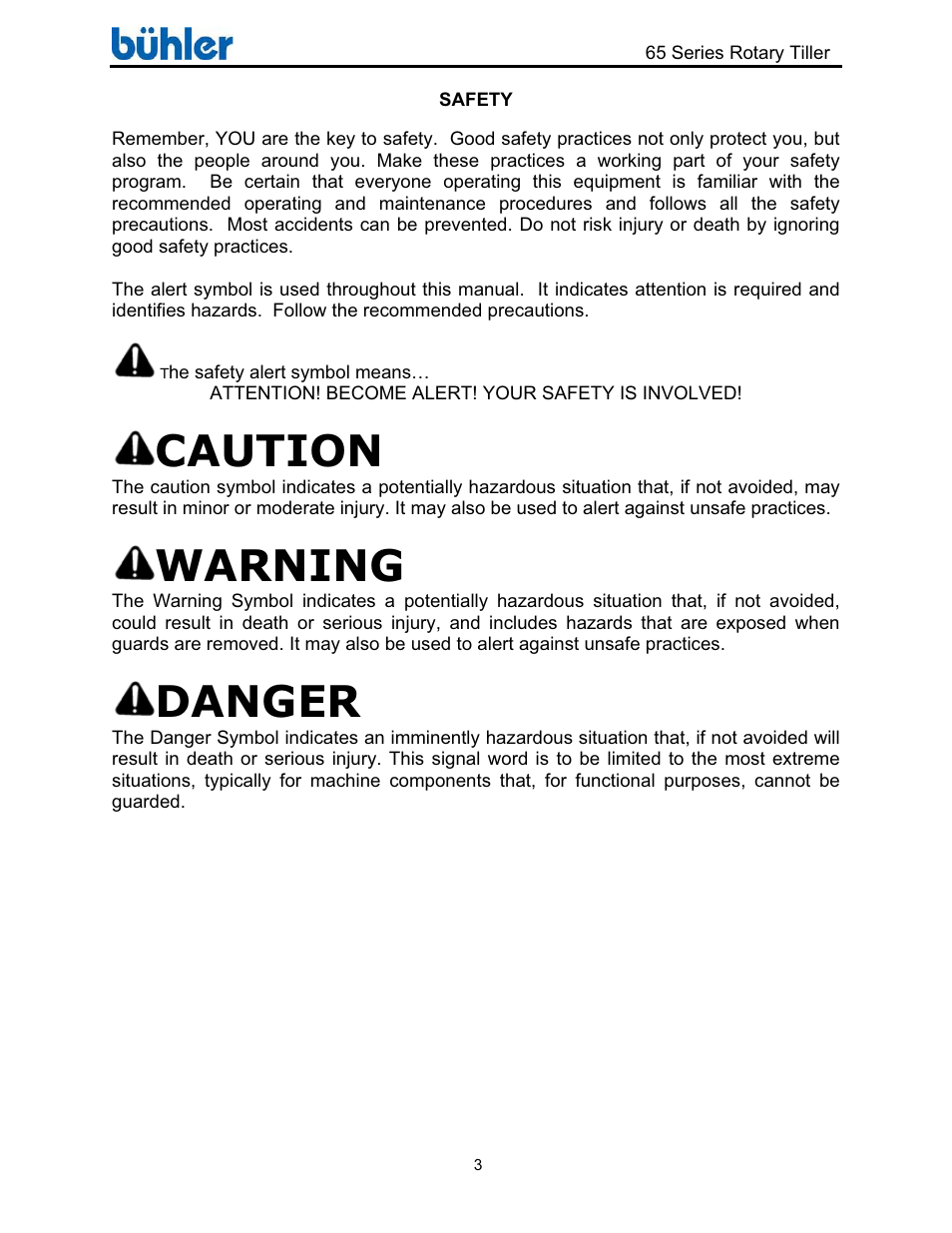 Caution, Warning, Danger | Buhler Farm king FK302 User Manual | Page 7 / 48