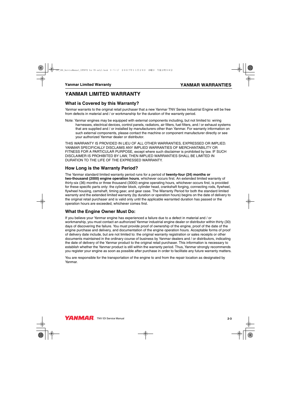 Yanmar limited warranty | Cub Cadet Yanmar 3TNV72 User Manual | Page 10 / 283