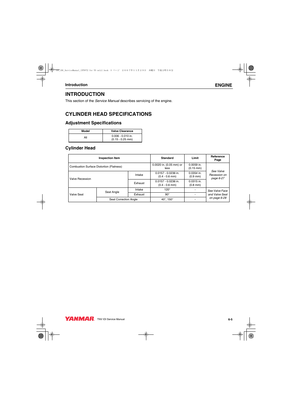 Introduction, Cylinder head specifications, Engine | Adjustment specifications cylinder head | Cub Cadet Yanmar 3TNV72 User Manual | Page 104 / 283