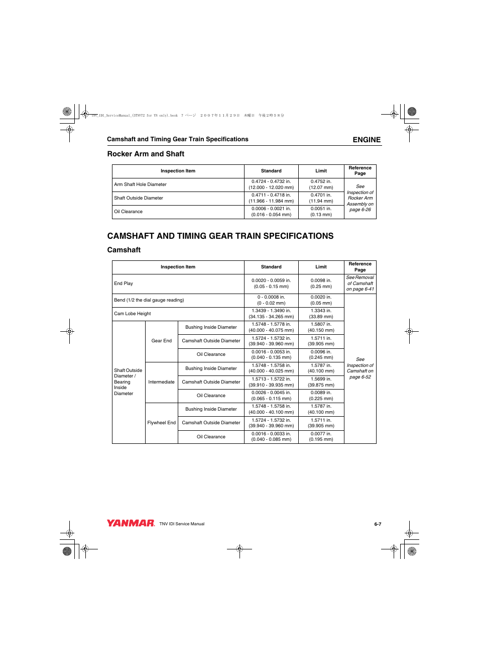 Camshaft and timing gear train specifications, Engine, Rocker arm and shaft | Camshaft | Cub Cadet Yanmar 3TNV72 User Manual | Page 106 / 283