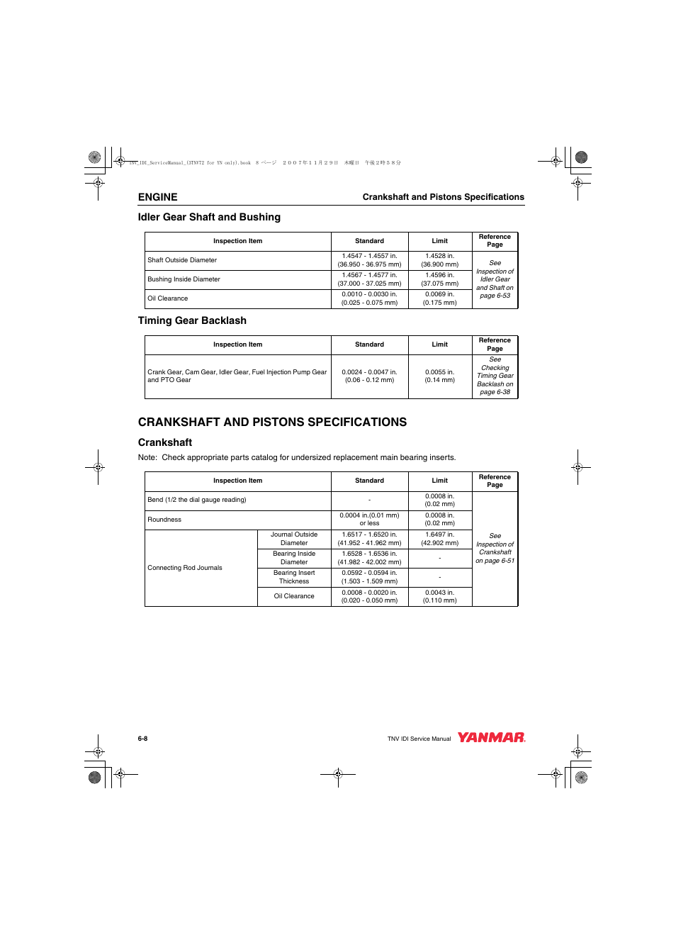 Crankshaft and pistons specifications, Engine, Idler gear shaft and bushing timing gear backlash | Crankshaft | Cub Cadet Yanmar 3TNV72 User Manual | Page 107 / 283