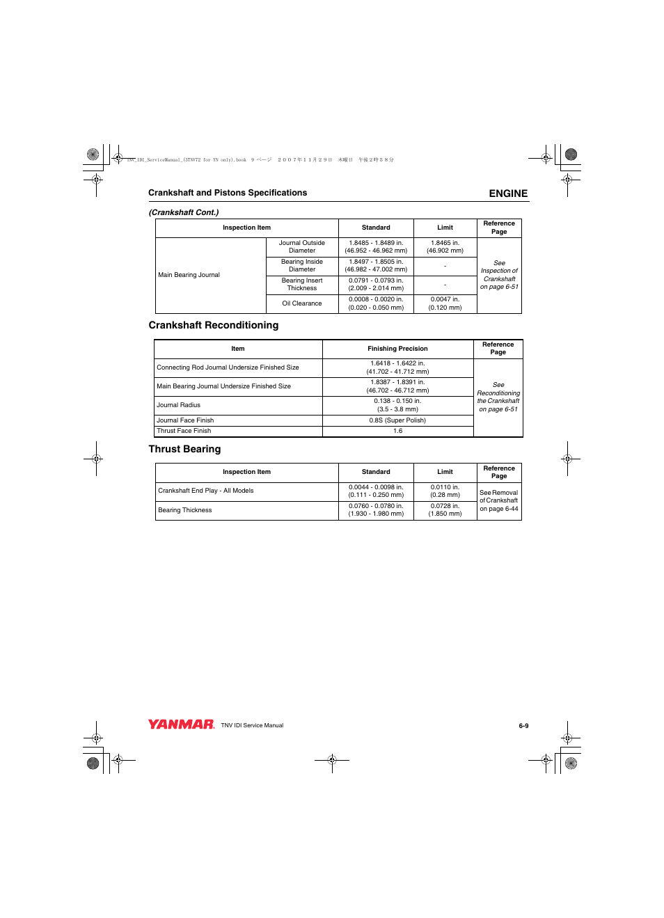 Engine, Crankshaft reconditioning thrust bearing | Cub Cadet Yanmar 3TNV72 User Manual | Page 108 / 283