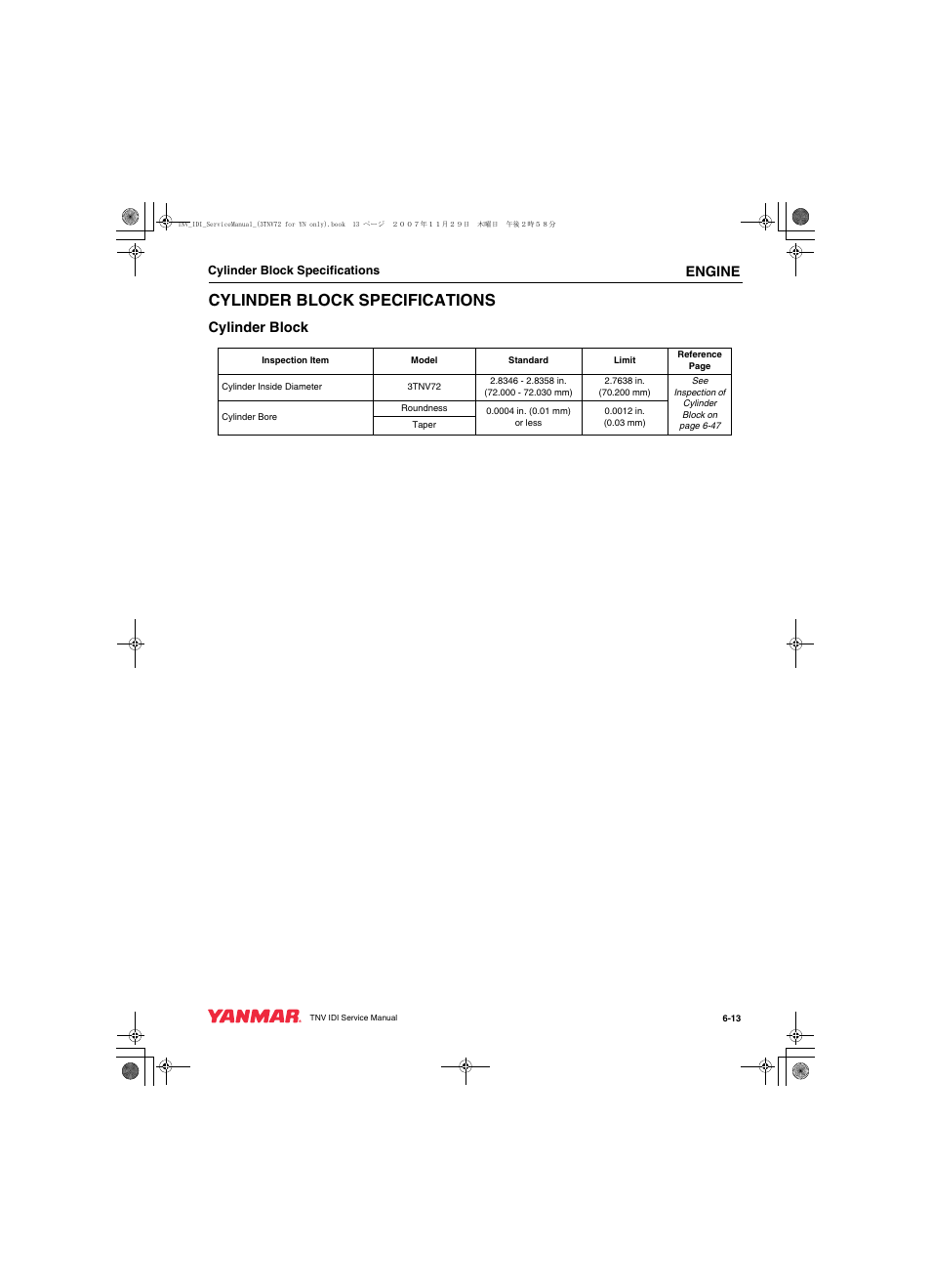 Cylinder block specifications, Engine, Cylinder block | Cub Cadet Yanmar 3TNV72 User Manual | Page 112 / 283