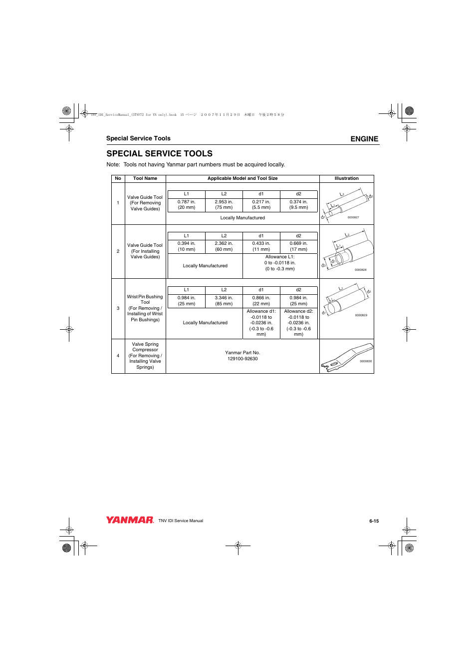 Special service tools, Engine | Cub Cadet Yanmar 3TNV72 User Manual | Page 114 / 283