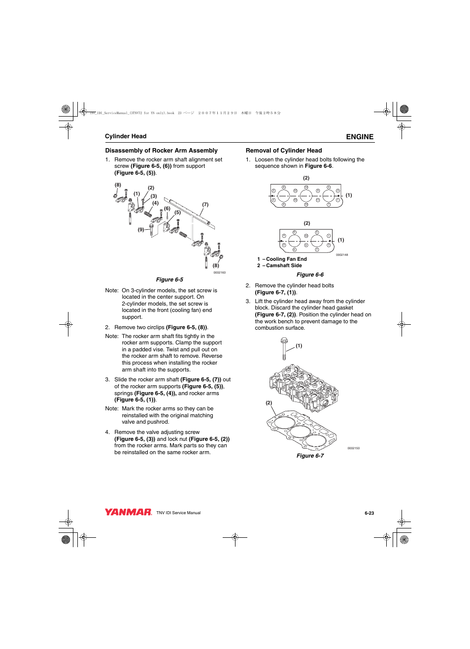 Engine, Cylinder head disassembly of rocker arm assembly, Removal of cylinder head | Cub Cadet Yanmar 3TNV72 User Manual | Page 122 / 283