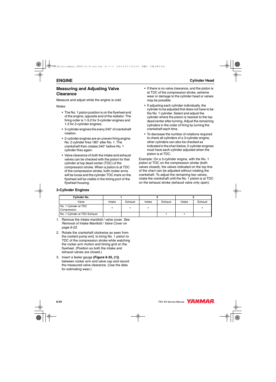 Engine, Measuring and adjusting valve clearance | Cub Cadet Yanmar 3TNV72 User Manual | Page 133 / 283