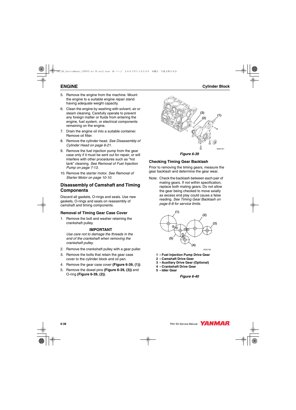 Engine, Disassembly of camshaft and timing components | Cub Cadet Yanmar 3TNV72 User Manual | Page 137 / 283