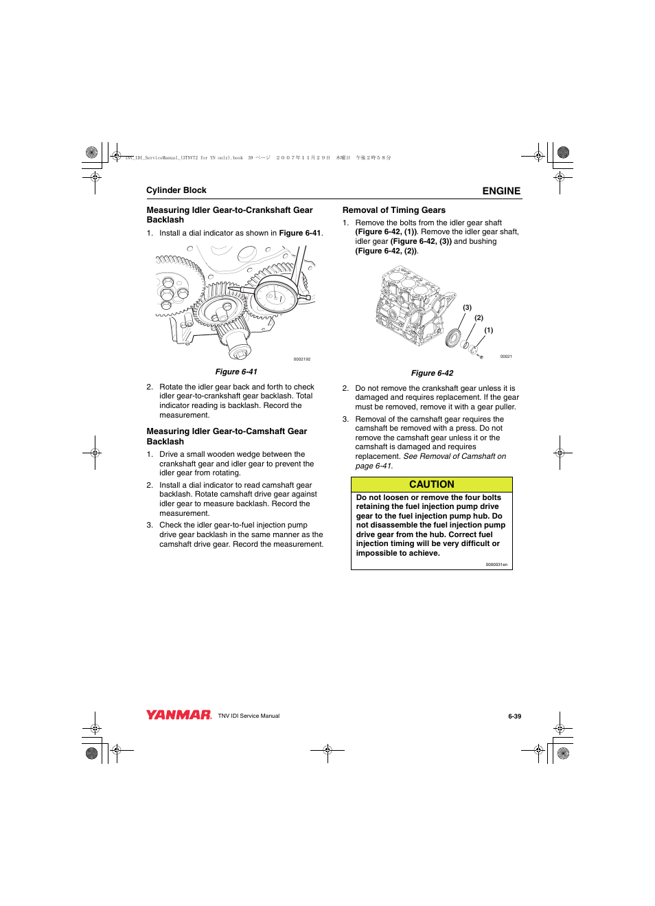 Engine, Caution | Cub Cadet Yanmar 3TNV72 User Manual | Page 138 / 283