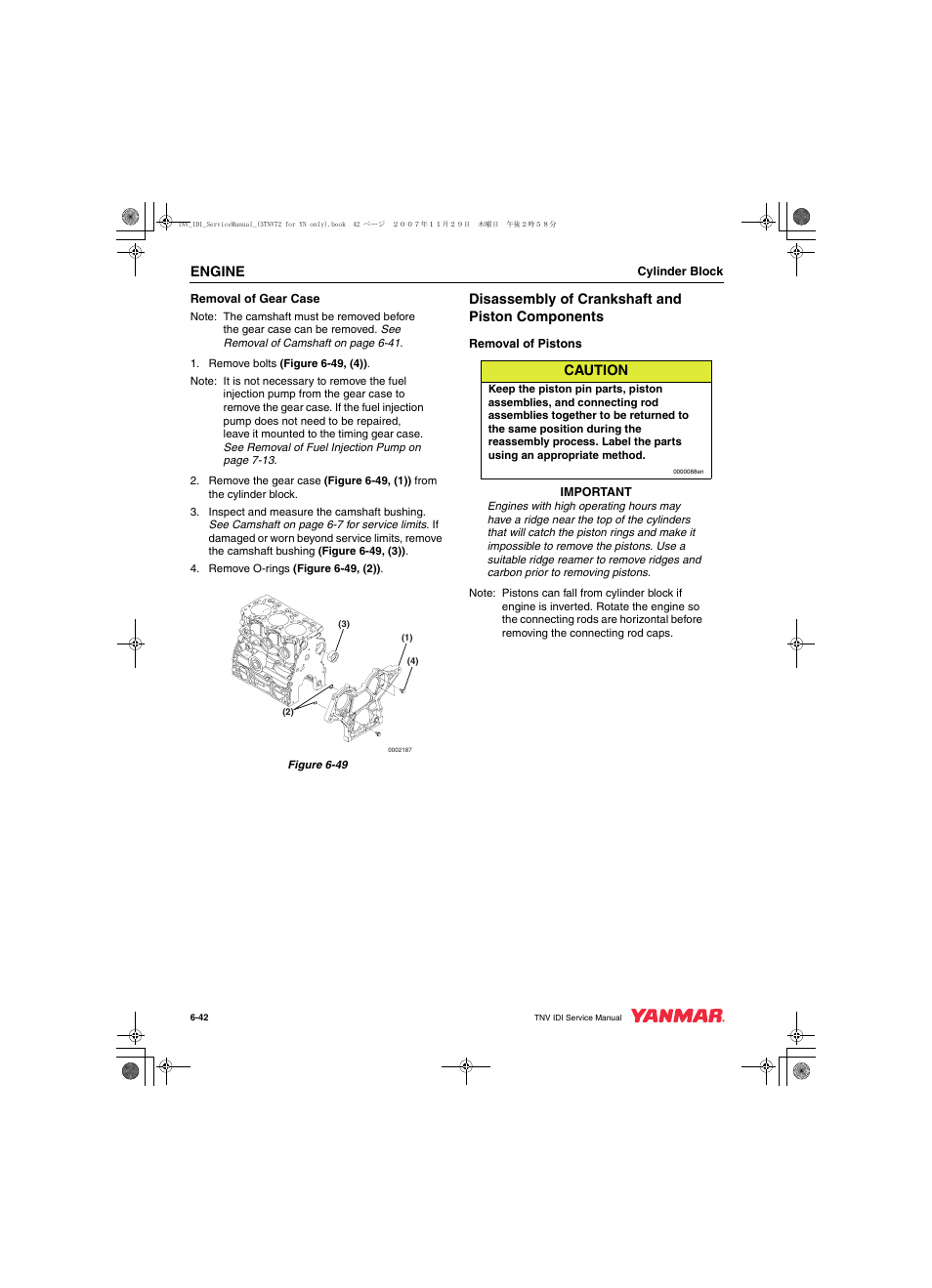 Engine, Disassembly of crankshaft and piston components, Caution | Cub Cadet Yanmar 3TNV72 User Manual | Page 141 / 283