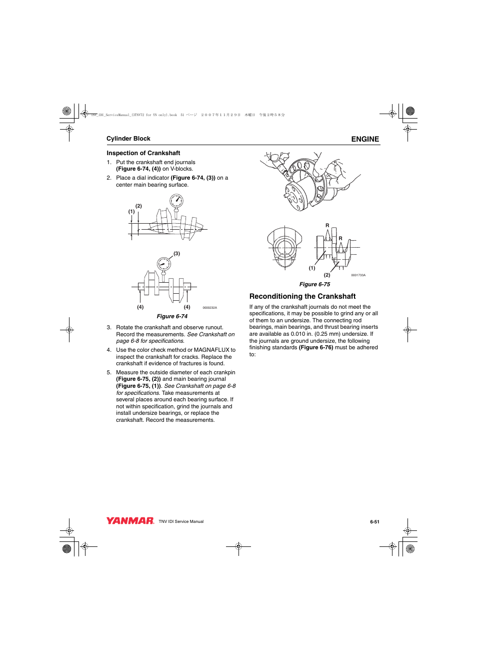 Engine, Reconditioning the crankshaft | Cub Cadet Yanmar 3TNV72 User Manual | Page 150 / 283