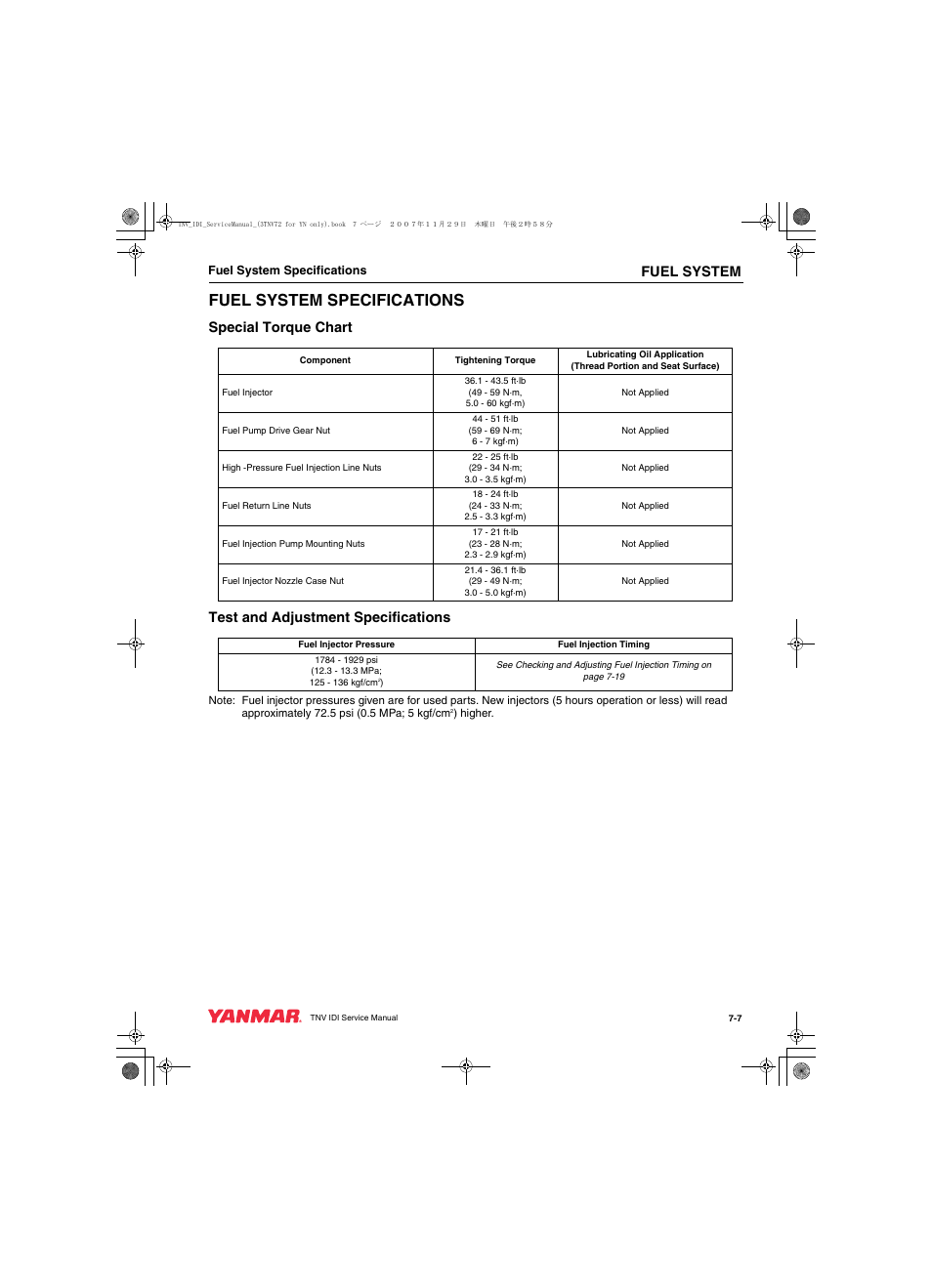 Fuel system specifications, Fuel system | Cub Cadet Yanmar 3TNV72 User Manual | Page 168 / 283