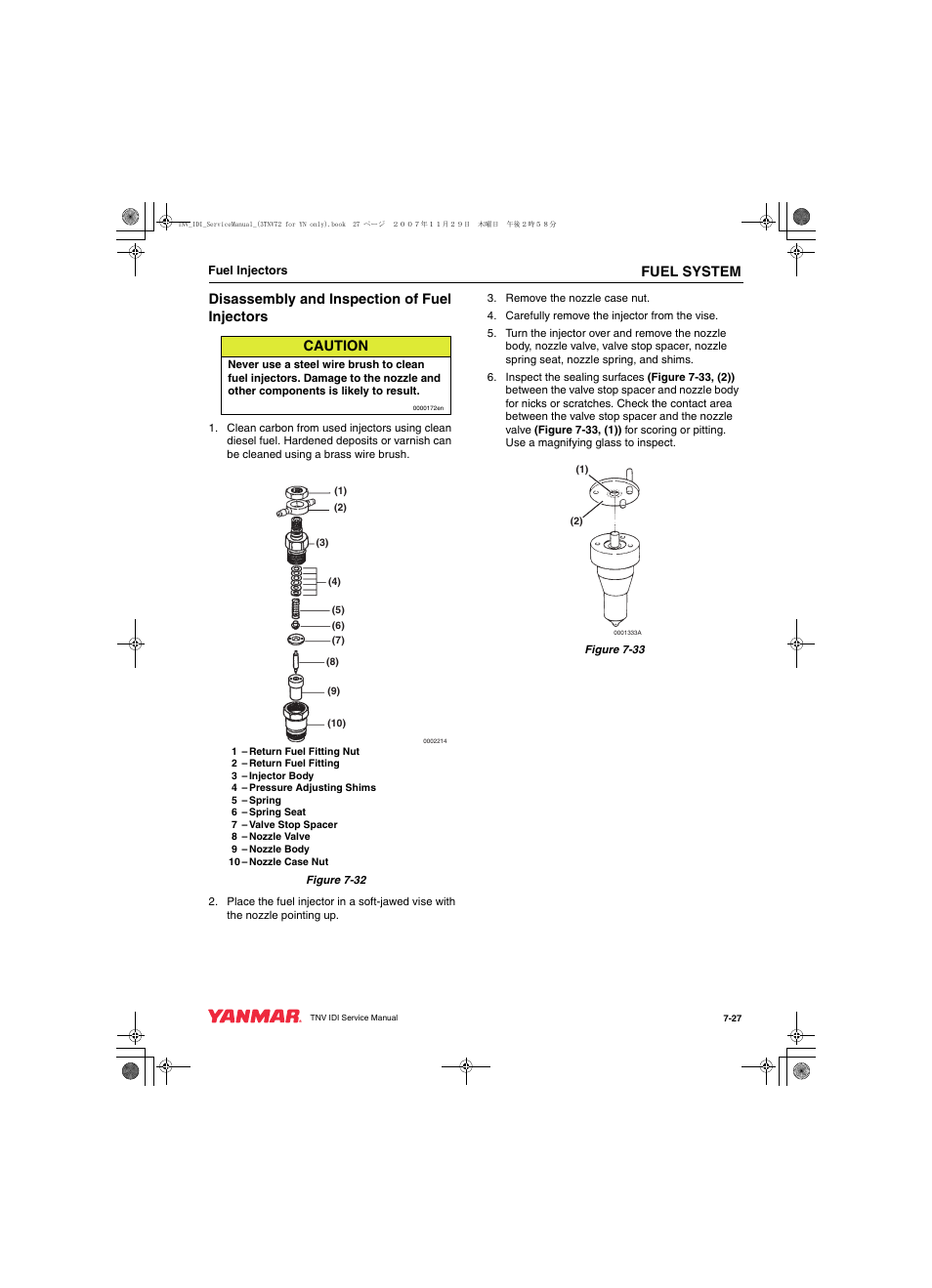 Fuel system, Disassembly and inspection of fuel injectors, Caution | Cub Cadet Yanmar 3TNV72 User Manual | Page 188 / 283