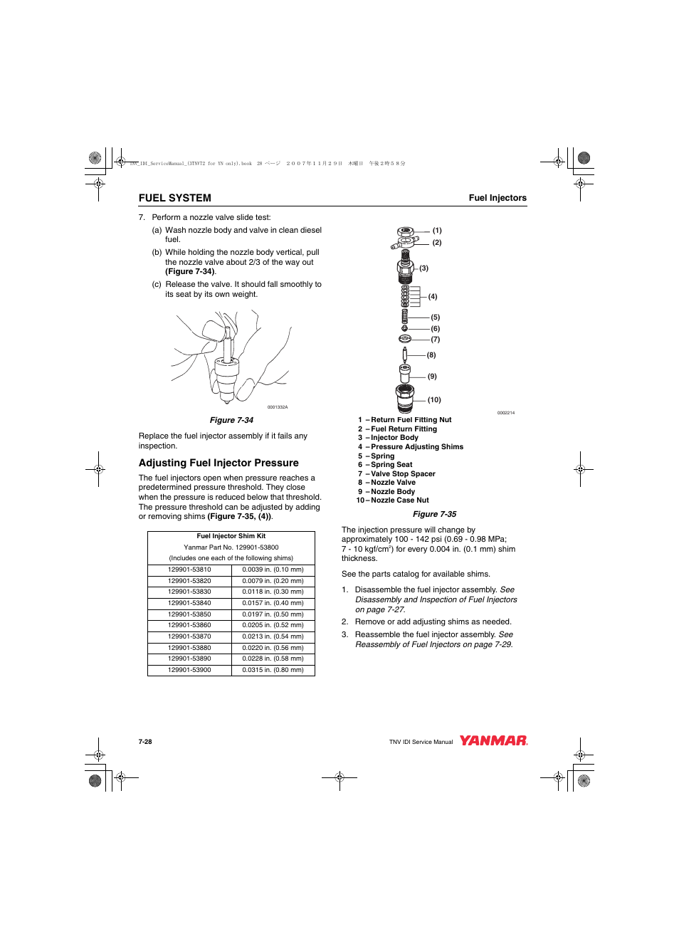Fuel system, Adjusting fuel injector pressure | Cub Cadet Yanmar 3TNV72 User Manual | Page 189 / 283