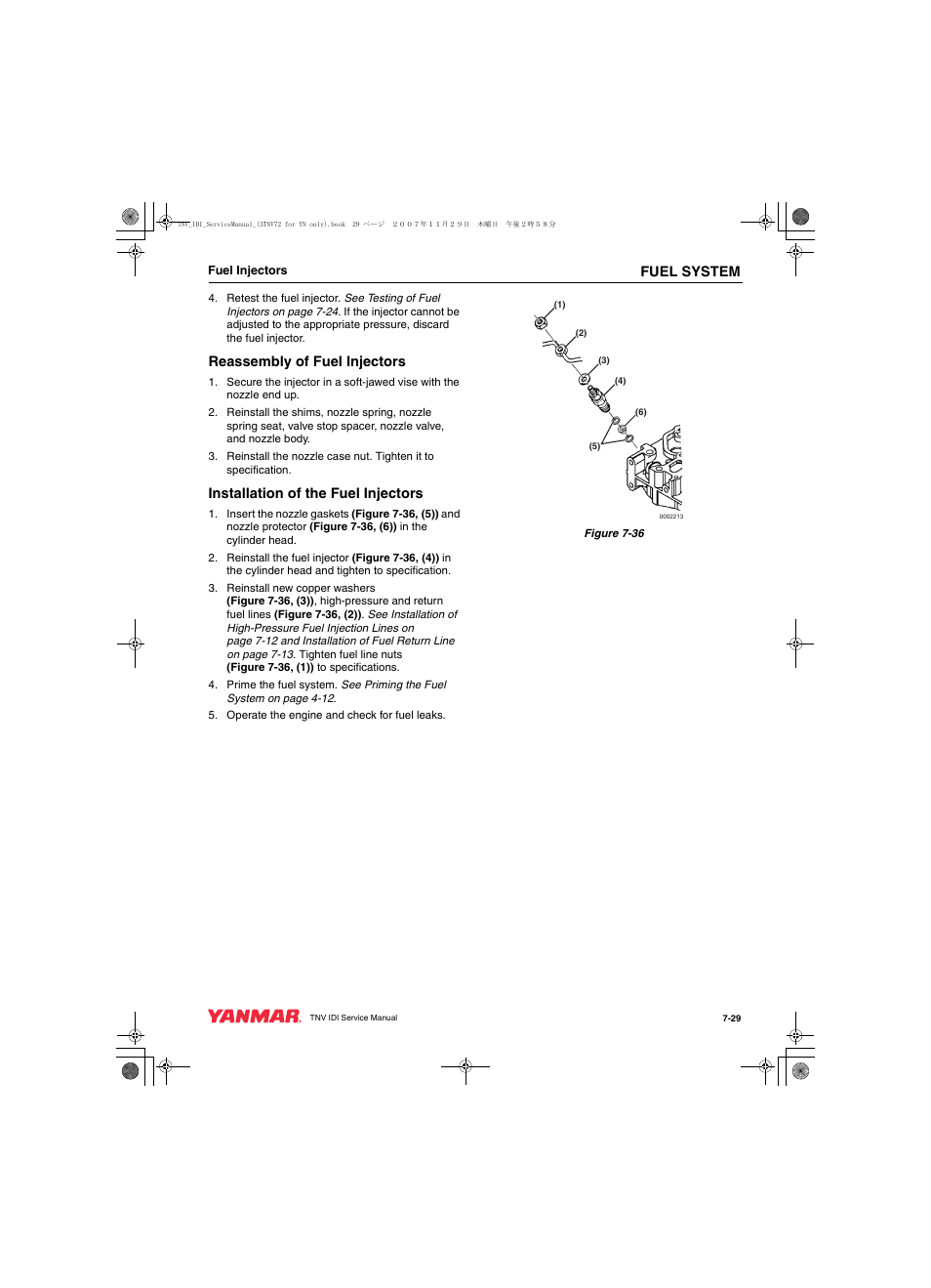 Fuel system, Reassembly of fuel injectors, Installation of the fuel injectors | Cub Cadet Yanmar 3TNV72 User Manual | Page 190 / 283