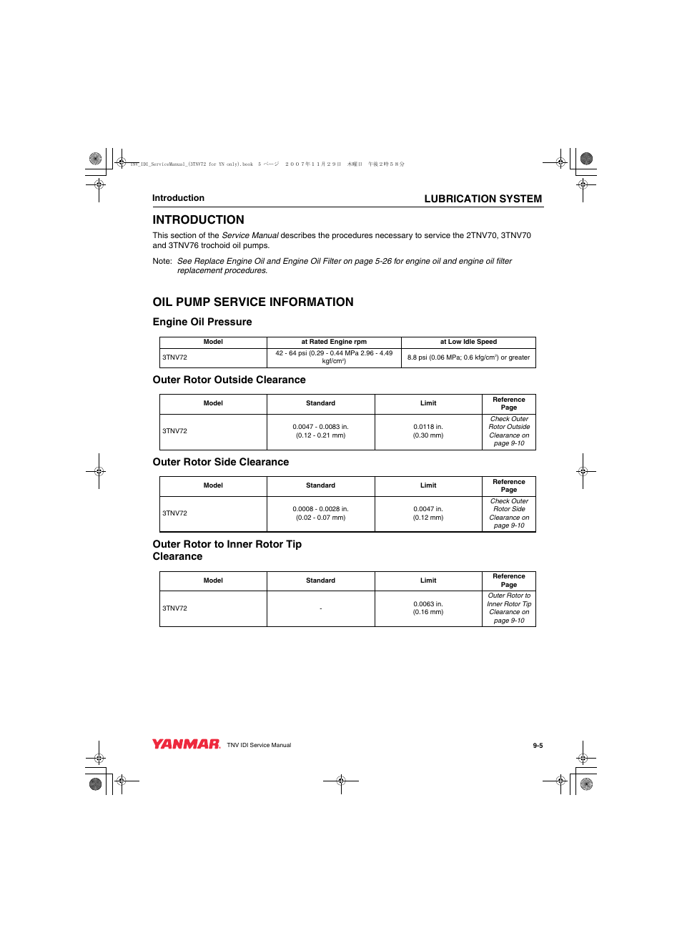 Introduction, Oil pump service information, Lubrication system | Cub Cadet Yanmar 3TNV72 User Manual | Page 206 / 283