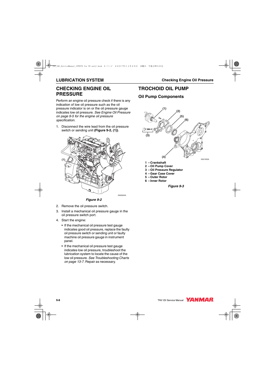 Checking engine oil pressure, Trochoid oil pump | Cub Cadet Yanmar 3TNV72 User Manual | Page 209 / 283
