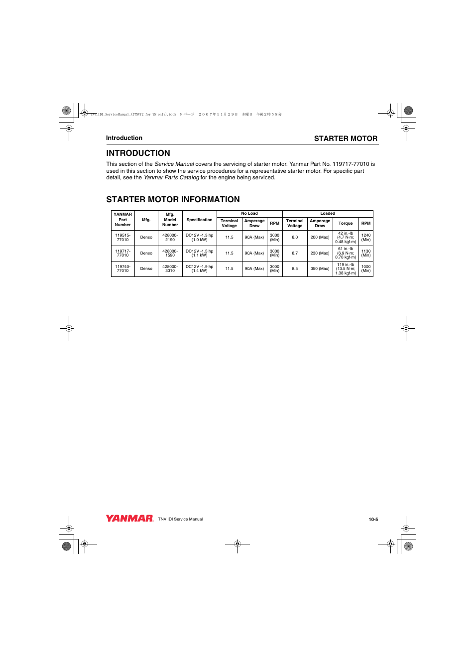 Starter motor information, Starter motor, Introduction | Cub Cadet Yanmar 3TNV72 User Manual | Page 218 / 283