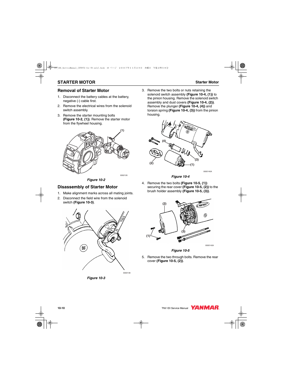 Starter motor, Removal of starter motor, Disassembly of starter motor | Cub Cadet Yanmar 3TNV72 User Manual | Page 223 / 283