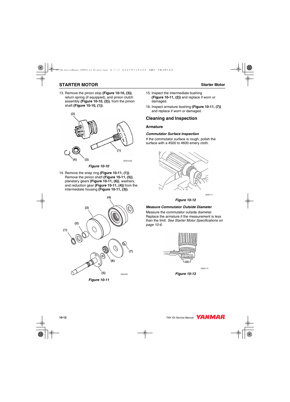Starter motor, Cleaning and inspection | Cub Cadet Yanmar 3TNV72 User Manual | Page 225 / 283