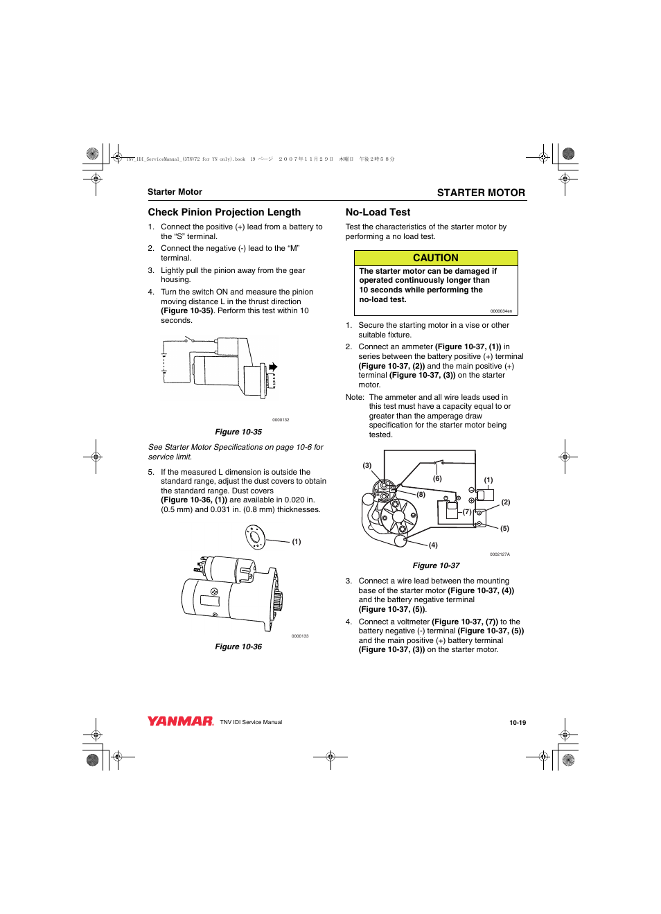 Starter motor, Check pinion projection length, No-load test | Caution | Cub Cadet Yanmar 3TNV72 User Manual | Page 232 / 283