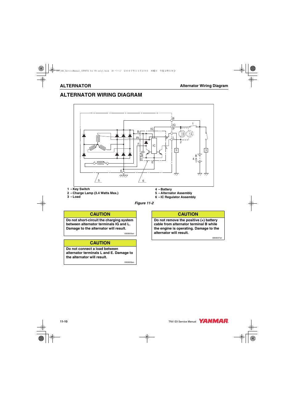 Alternator wiring diagram, Alternator, Caution | Cub Cadet Yanmar 3TNV72 User Manual | Page 243 / 283