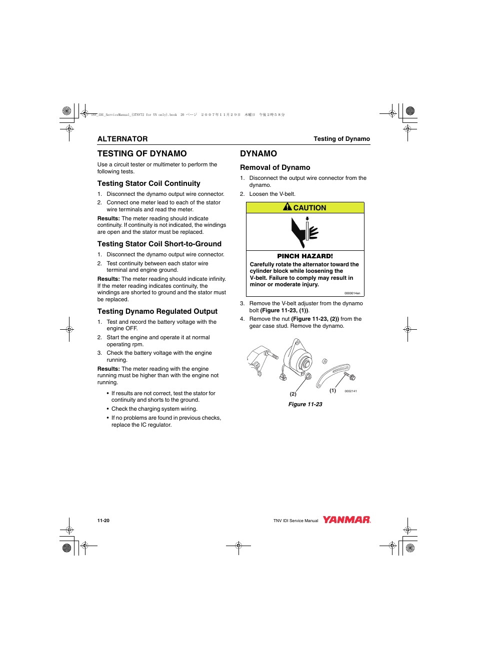 Testing of dynamo, Dynamo | Cub Cadet Yanmar 3TNV72 User Manual | Page 253 / 283