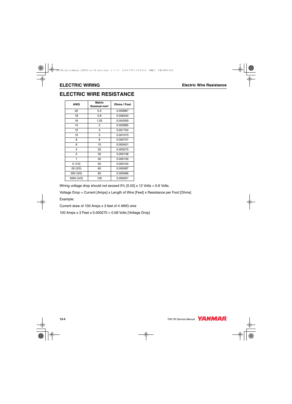 Electric wire resistance, Electric wiring | Cub Cadet Yanmar 3TNV72 User Manual | Page 259 / 283