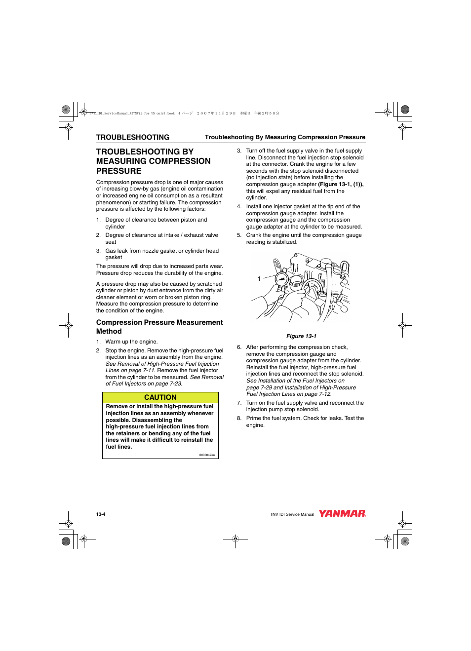 Troubleshooting by measuring compression pressure | Cub Cadet Yanmar 3TNV72 User Manual | Page 267 / 283