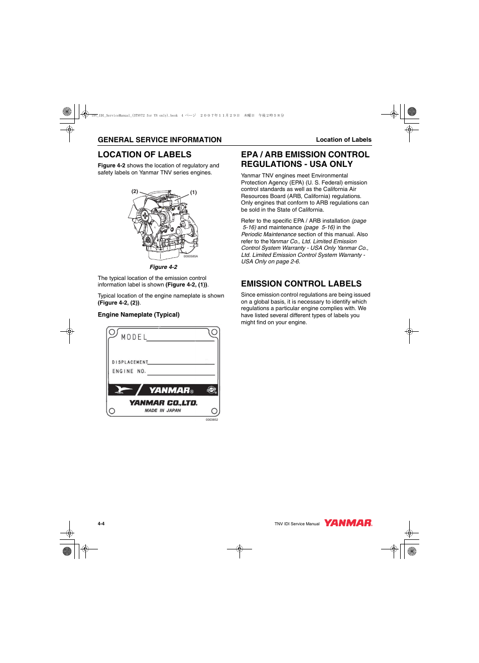 Location of labels, Epa / arb emission control regulations - usa only, Emission control labels | Cub Cadet Yanmar 3TNV72 User Manual | Page 39 / 283