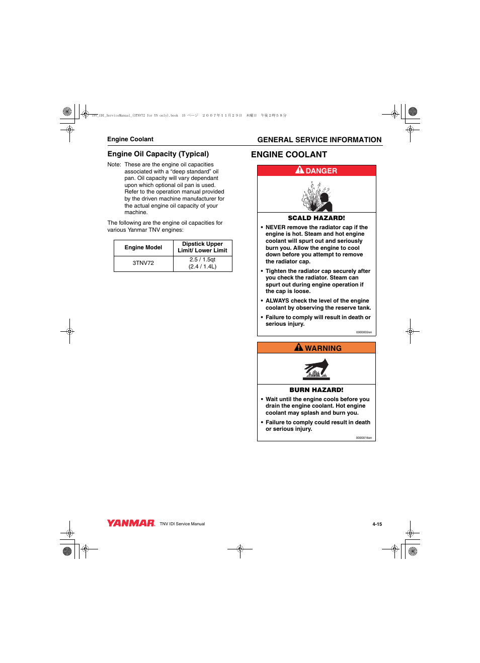 Engine coolant | Cub Cadet Yanmar 3TNV72 User Manual | Page 50 / 283