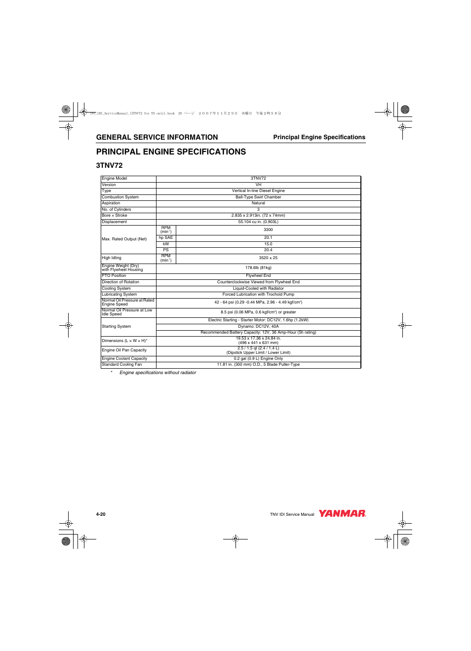 General service information, 3tnv72, Principal engine specifications | Cub Cadet Yanmar 3TNV72 User Manual | Page 55 / 283
