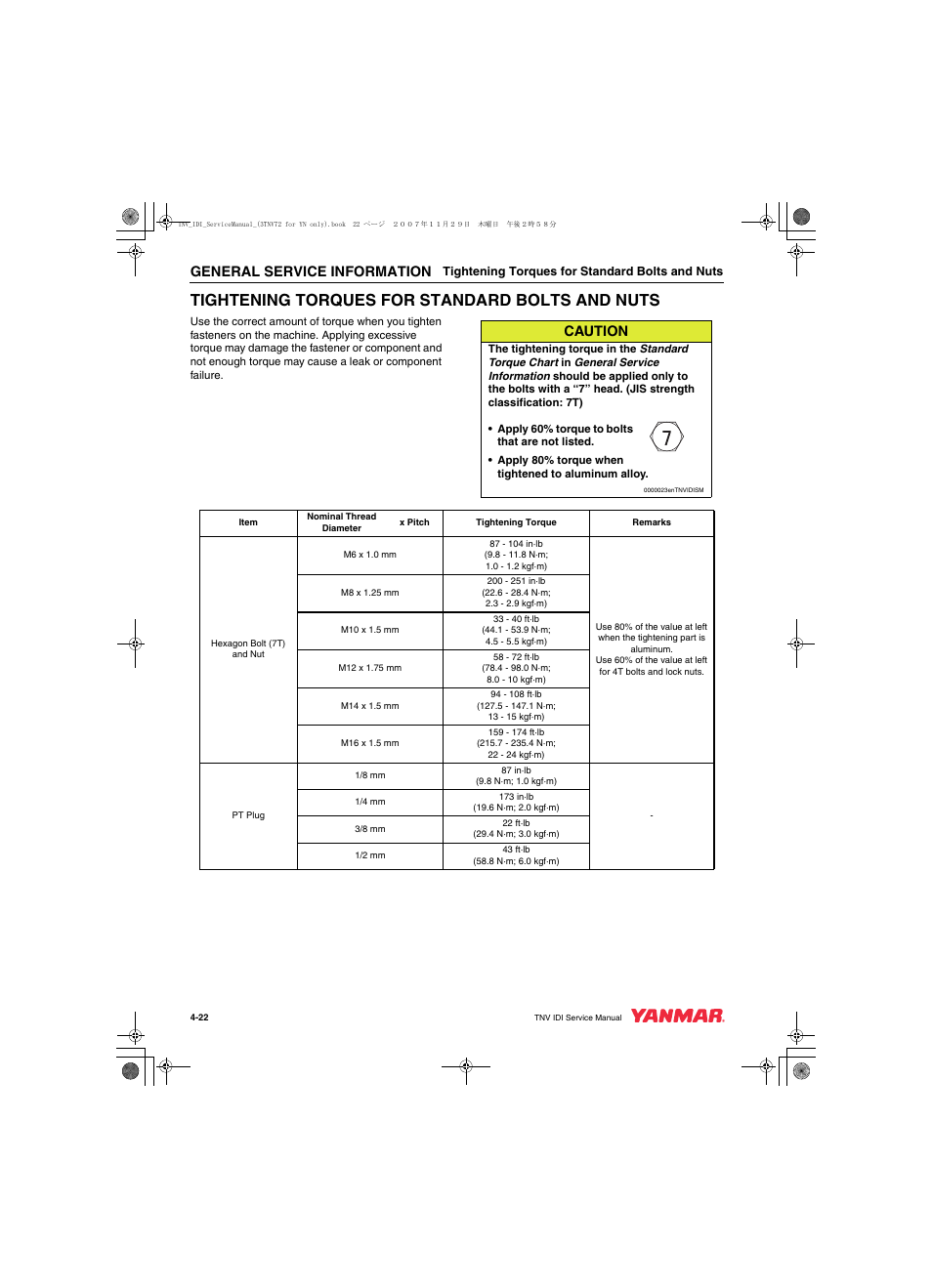 Tightening torques for standard bolts and nuts, General service information, Caution | Cub Cadet Yanmar 3TNV72 User Manual | Page 57 / 283