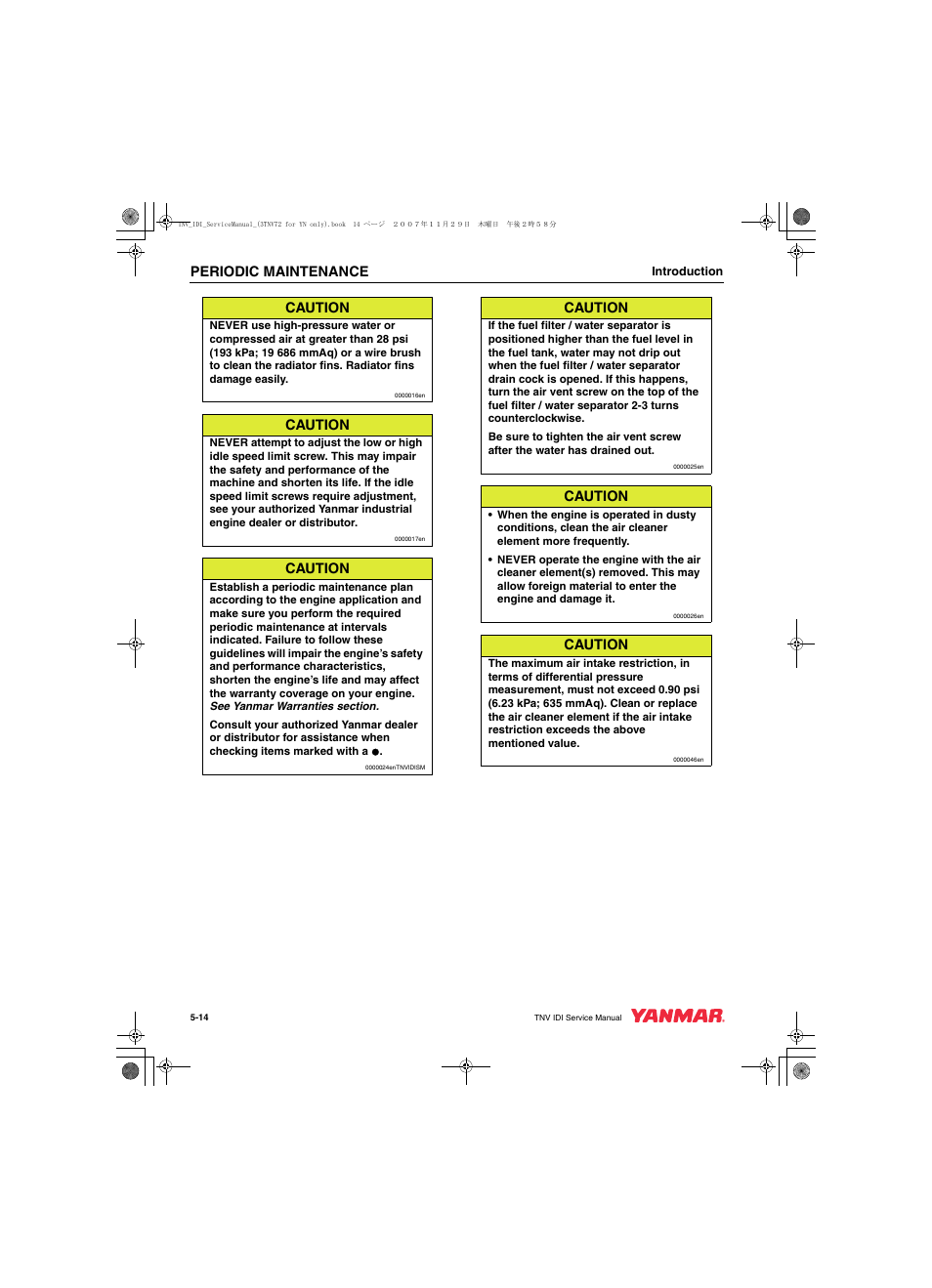 Periodic maintenance, Caution | Cub Cadet Yanmar 3TNV72 User Manual | Page 75 / 283