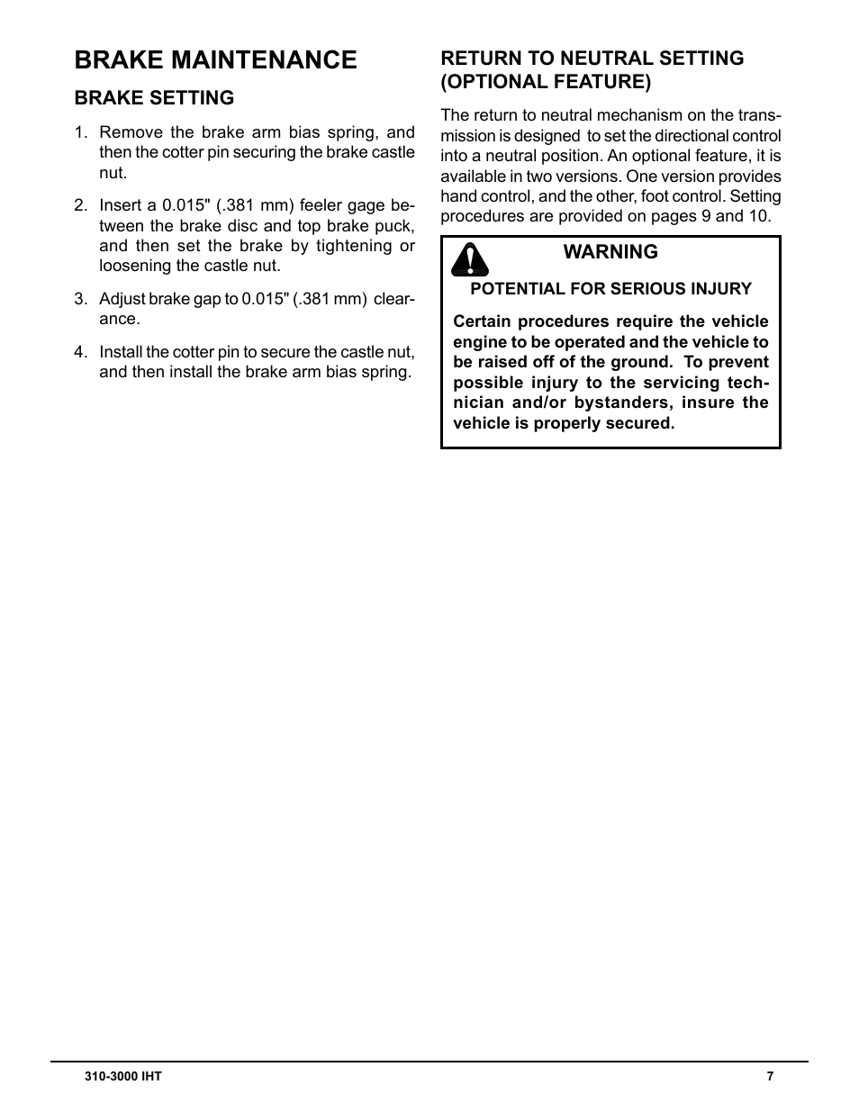 Brake maintenance | Cub Cadet 310-3000 User Manual | Page 11 / 40