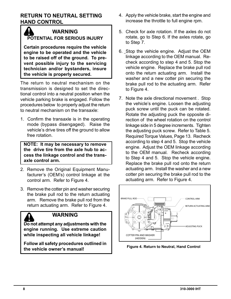 Return to neutral setting hand control warning, Warning | Cub Cadet 310-3000 User Manual | Page 12 / 40