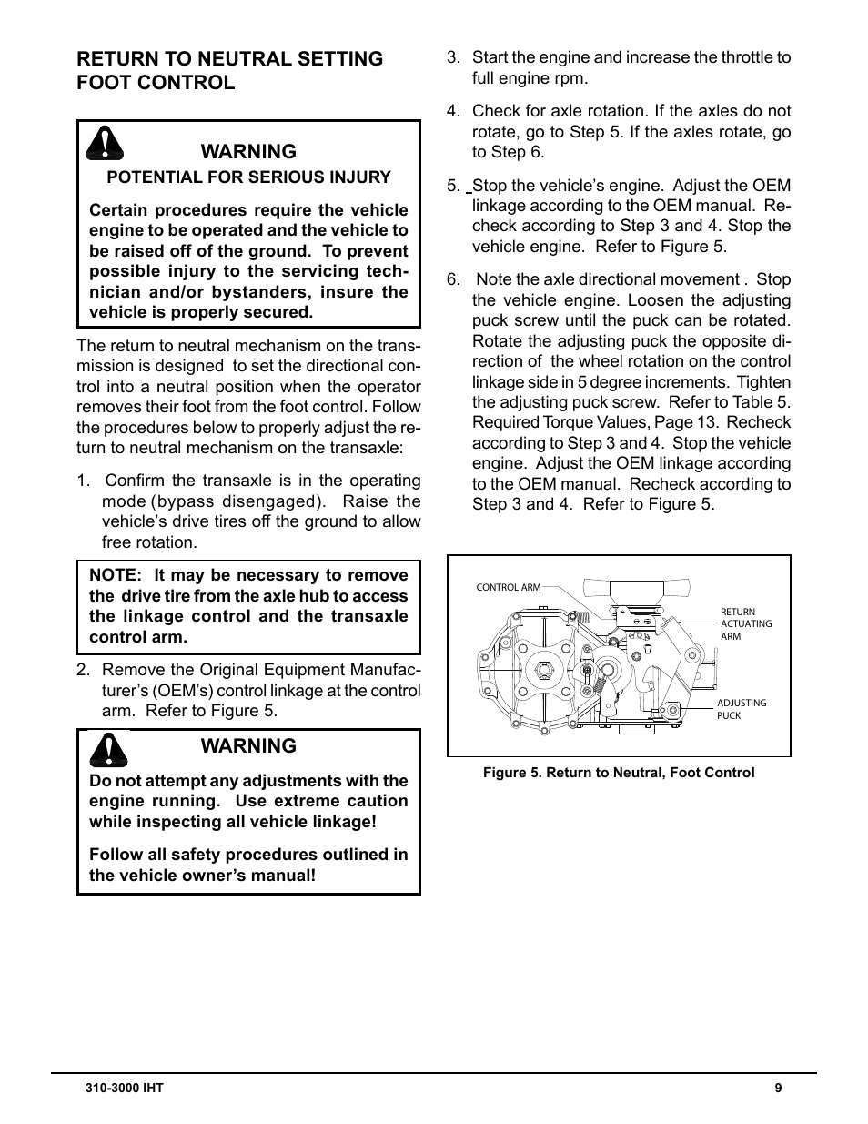 Return to neutral setting foot control warning, Warning | Cub Cadet 310-3000 User Manual | Page 13 / 40