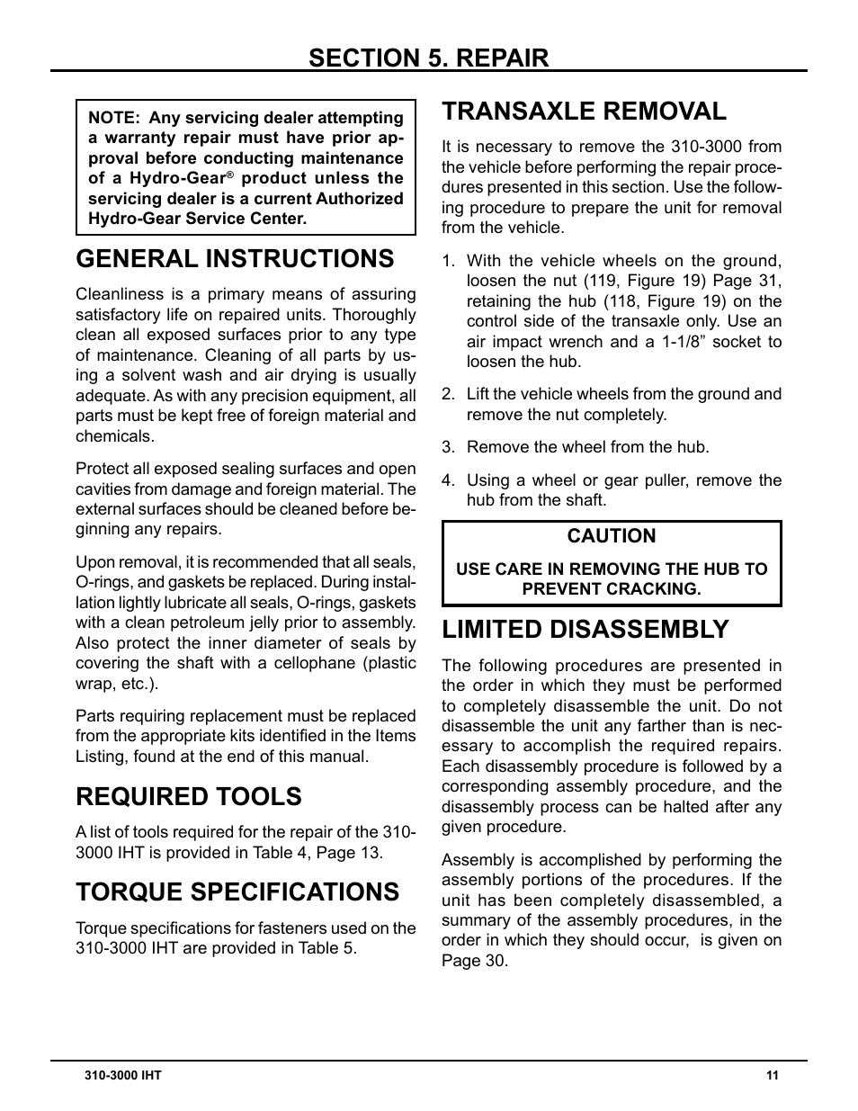 General instructions, Required tools, Torque specifications | Transaxle removal, Limited disassembly | Cub Cadet 310-3000 User Manual | Page 15 / 40